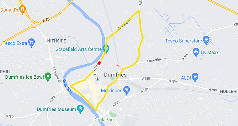 Map showing road closure and diversion route