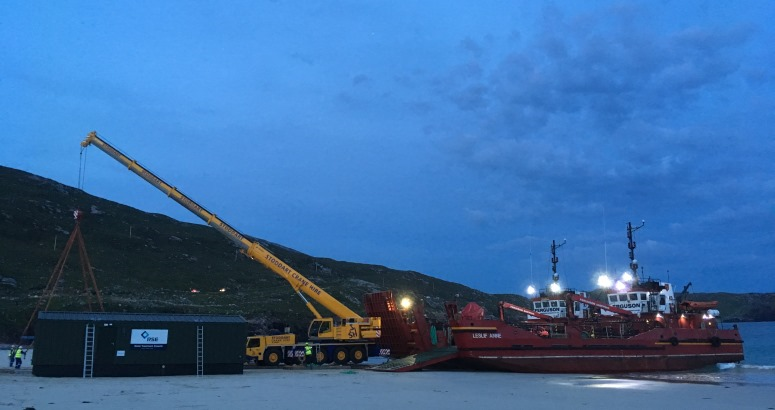 The new Water Treatment Works being unloaded on to Huisinis Beach in North Harris The new Water Treatment Works being unloaded on to Huisinis Beach in North Harris