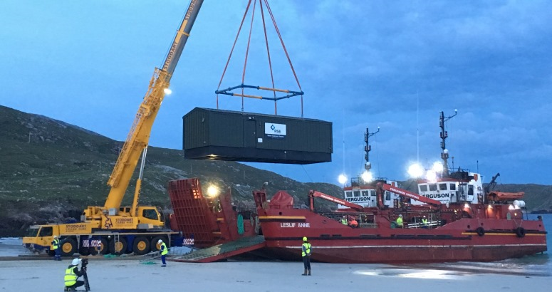Water Treatment Works being lifted from barge at Huisinis beach, North Harris Water Treatment Works being lifted from barge at Huisinis, North Harris